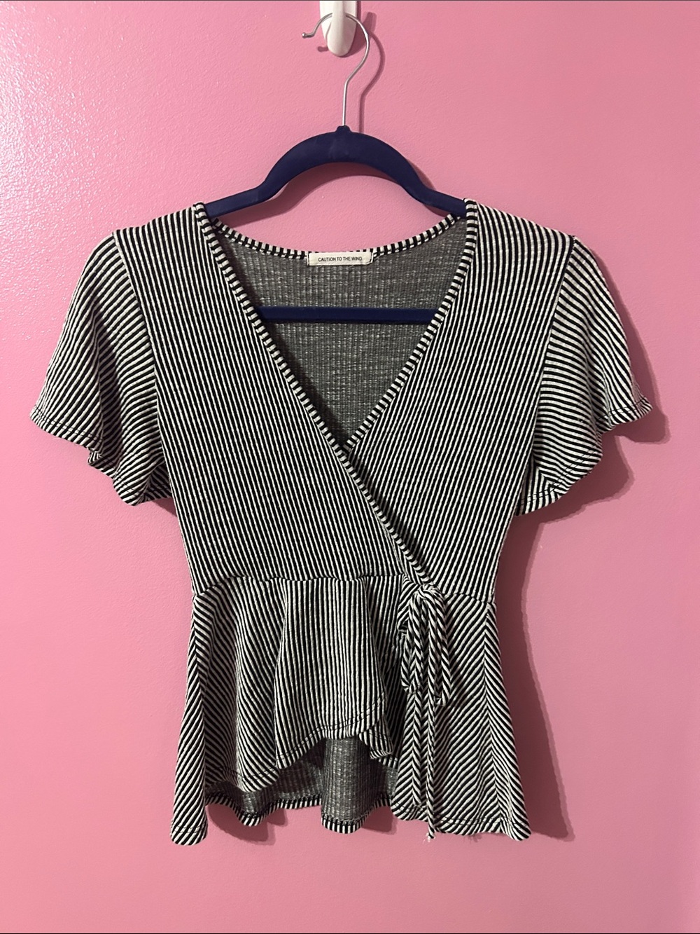 Caution To The Wind Black & White Striped Wrap Peplum Blouse